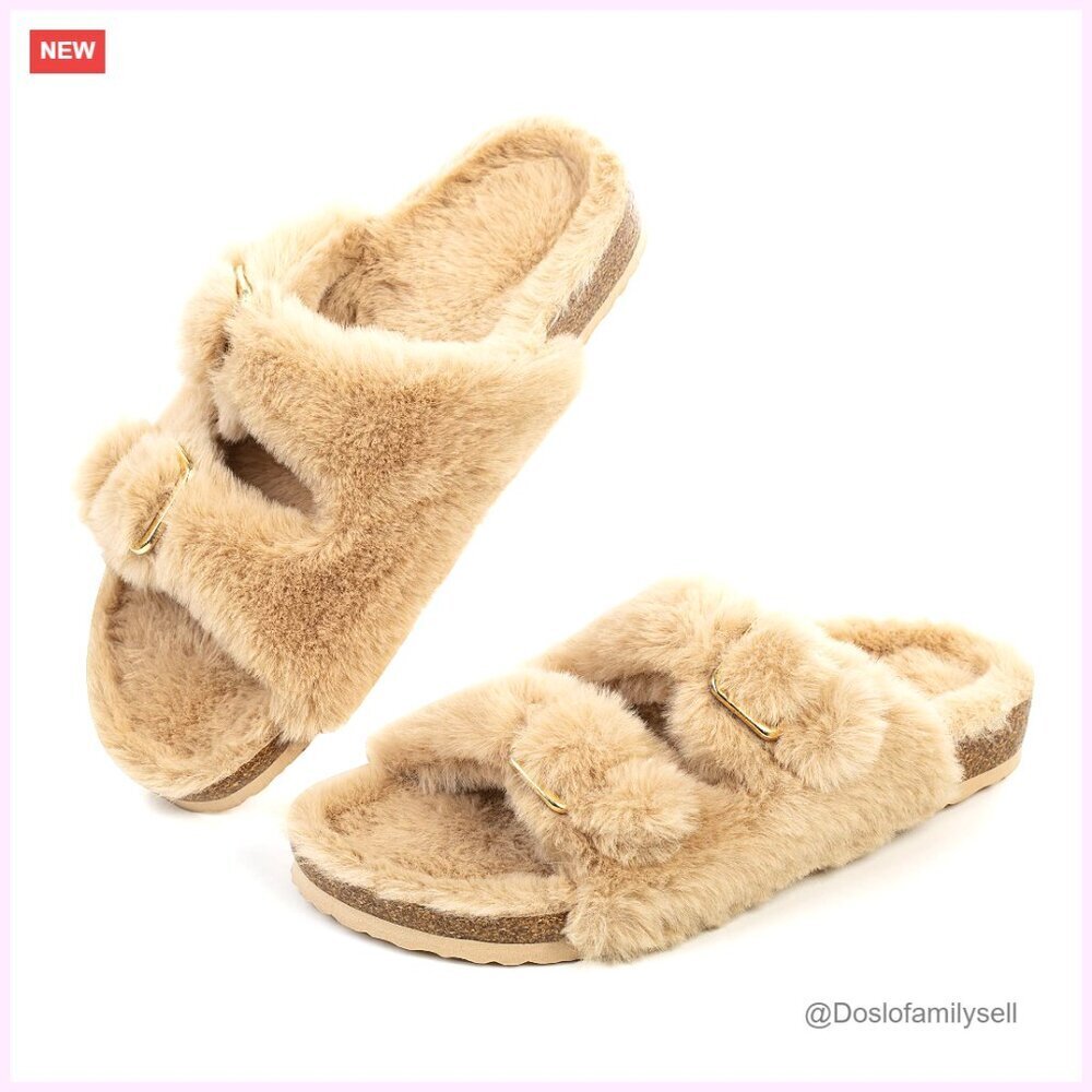 Open Toe Slippers with Faux Fur Lining, Adjustable Straps, Size 6-11